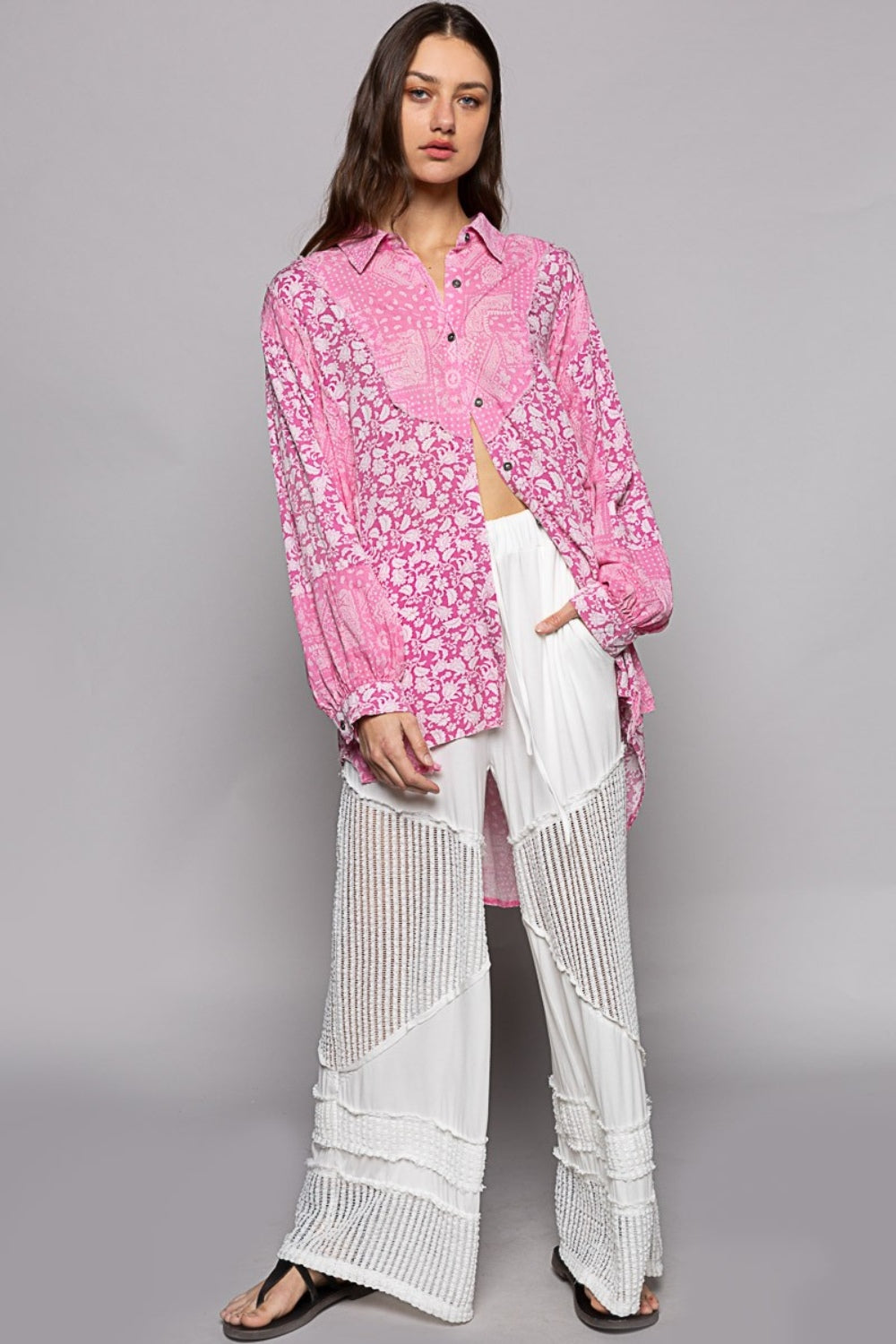 POL Button Down Long Sleeve Paisley Print Shirt-4