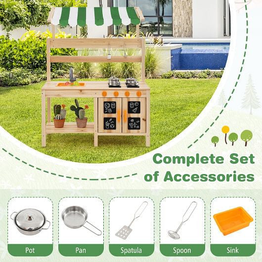 Mud Kitchen Fir Wood Play Kitchen with Canopy and Sink and 4 Stoves-Natural-0