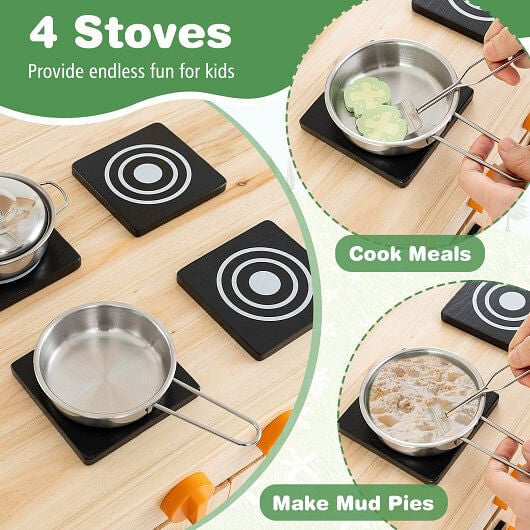 Mud Kitchen Fir Wood Play Kitchen with Canopy and Sink and 4 Stoves-Natural-2