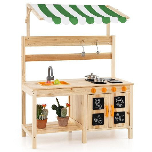 Mud Kitchen Fir Wood Play Kitchen with Canopy and Sink and 4 Stoves-Natural-4