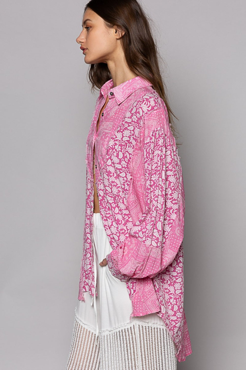 POL Button Down Long Sleeve Paisley Print Shirt-2