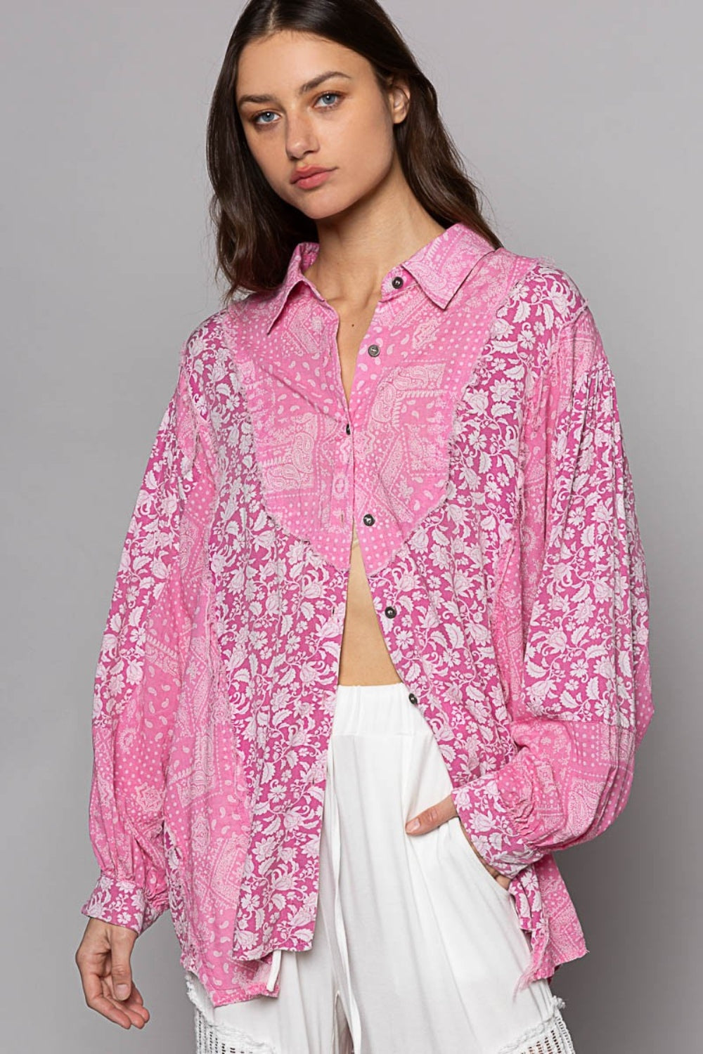 POL Button Down Long Sleeve Paisley Print Shirt-3