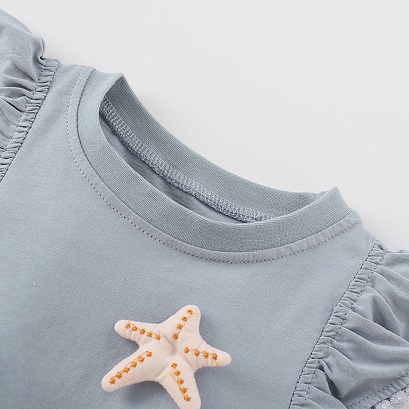 Summer Girls’ Cartoon Marine Animals Pattern Fly Sleeves Top Shirt in European and American Style