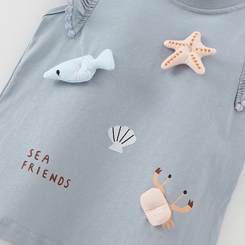Summer Girls’ Cartoon Marine Animals Pattern Fly Sleeves Top Shirt in European and American Style