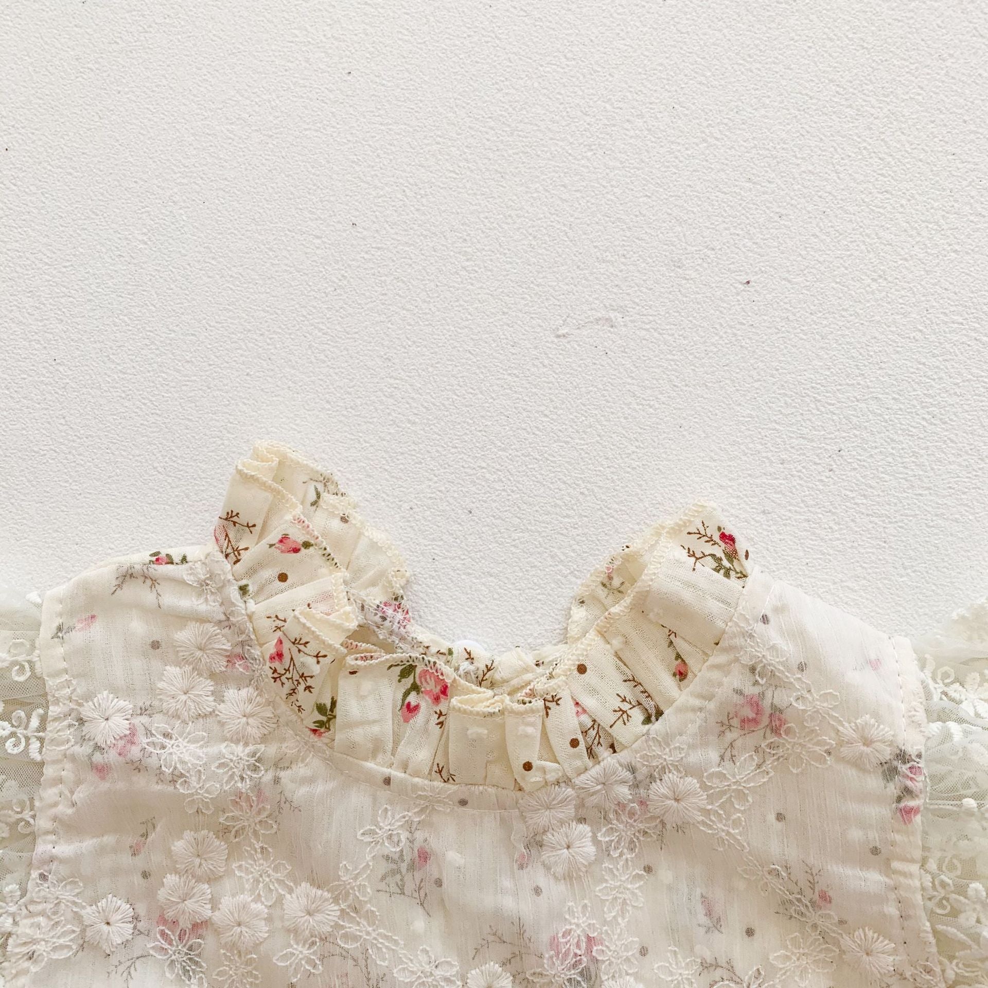 Baby Girls Ditsy Floral Graphic Embroidered Mesh Overlay Ruffle Onesies