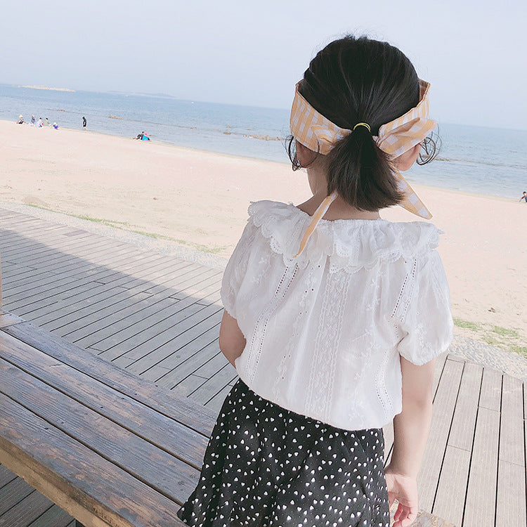 Summer New Arrival Girls Short Sleeves Solid Color Floral Pattern Embroidery Big Collar Top Shirt-2