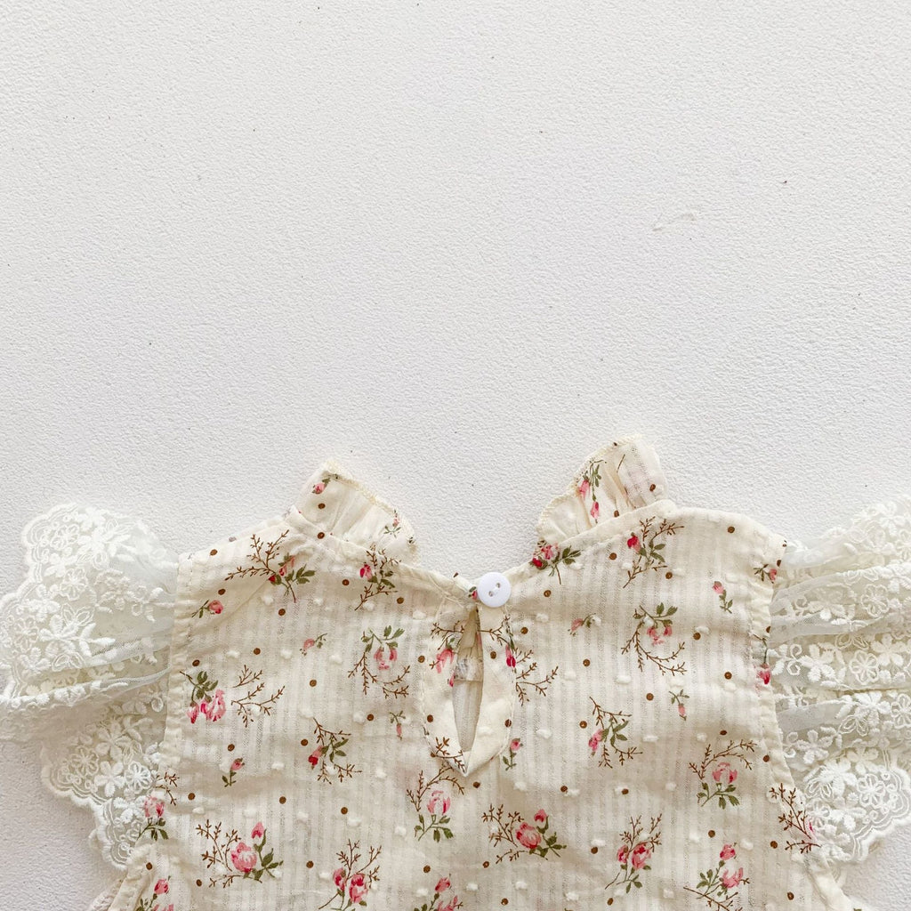 Baby Girls Ditsy Floral Graphic Embroidered Mesh Overlay Ruffle Onesies