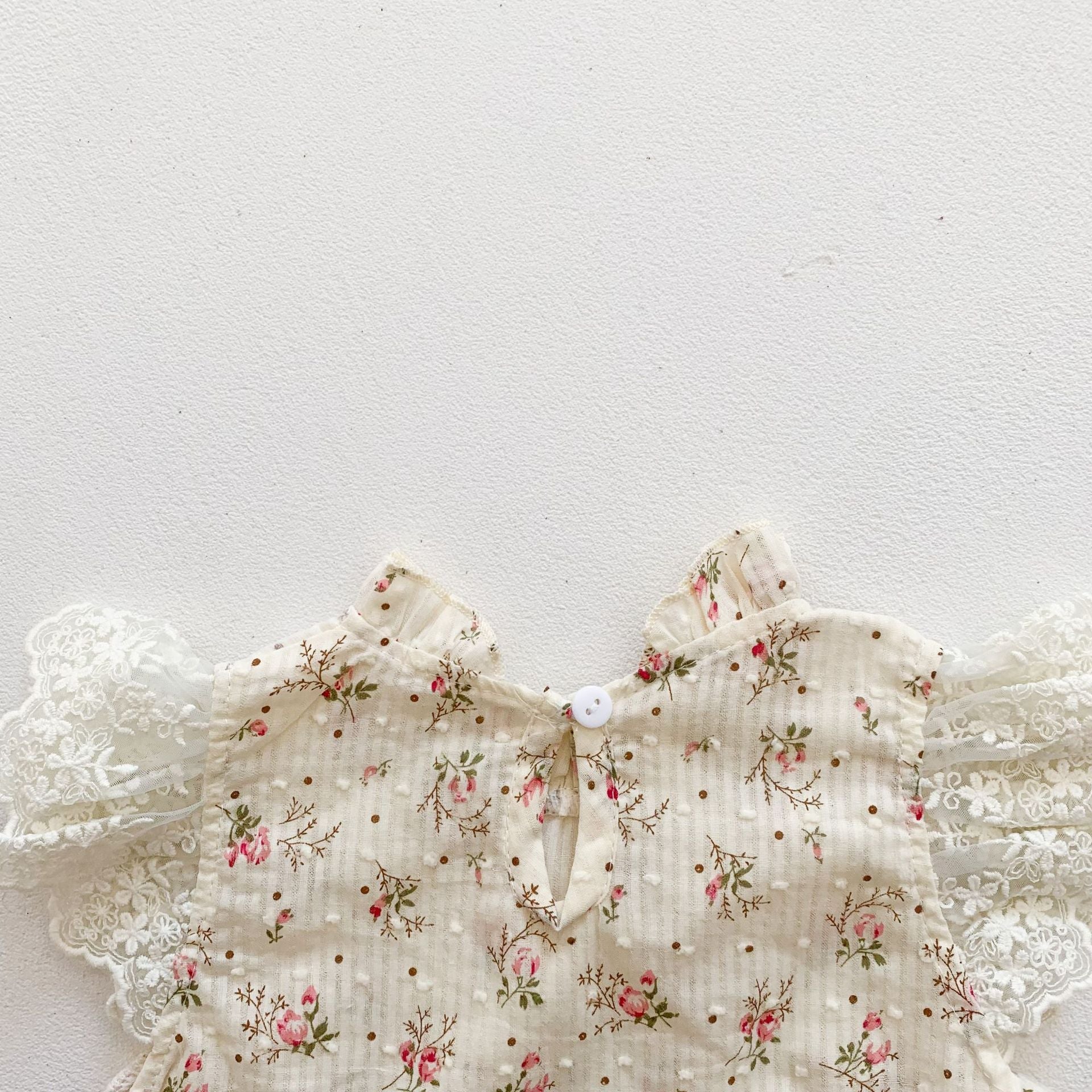 Baby Girls Ditsy Floral Graphic Embroidered Mesh Overlay Ruffle Onesies