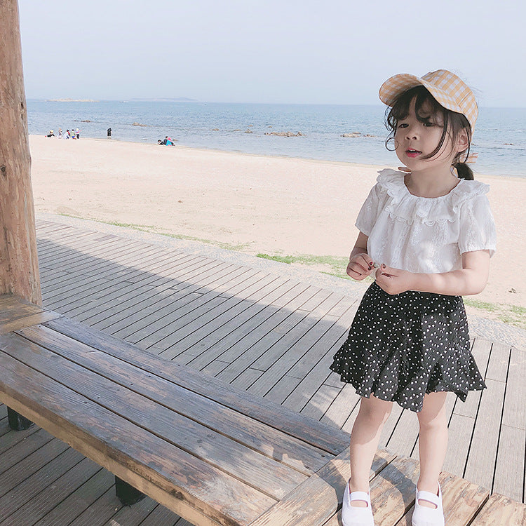 Summer New Arrival Girls Short Sleeves Solid Color Floral Pattern Embroidery Big Collar Top Shirt-3