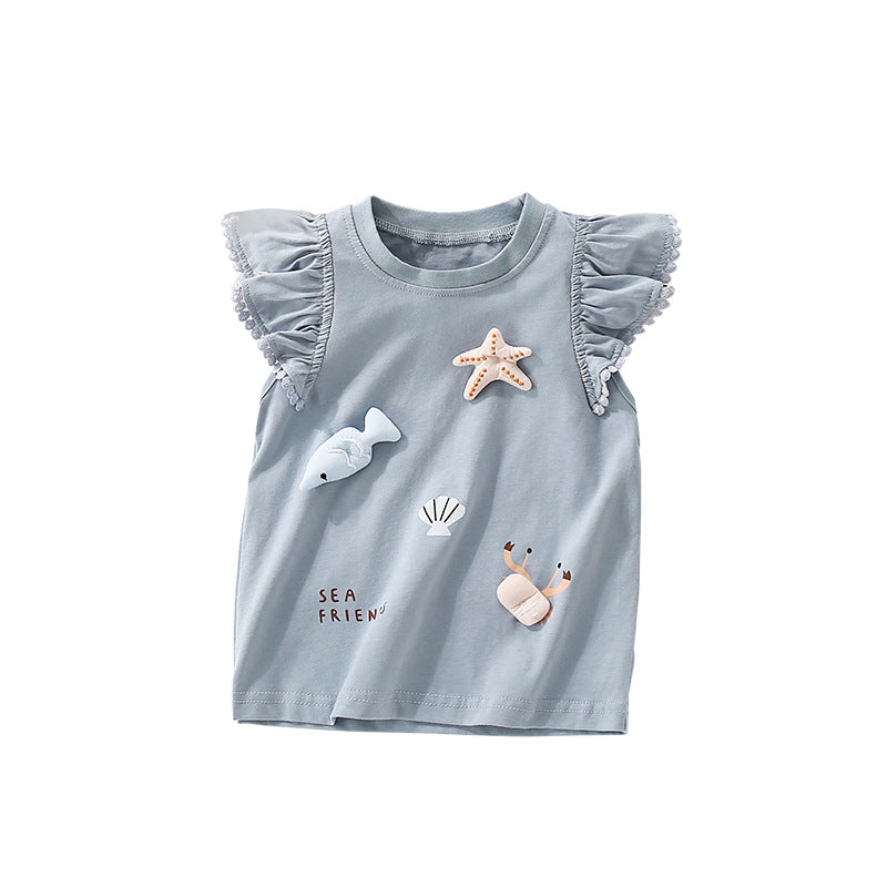 Summer Girls’ Cartoon Marine Animals Pattern Fly Sleeves Top Shirt in European and American Style