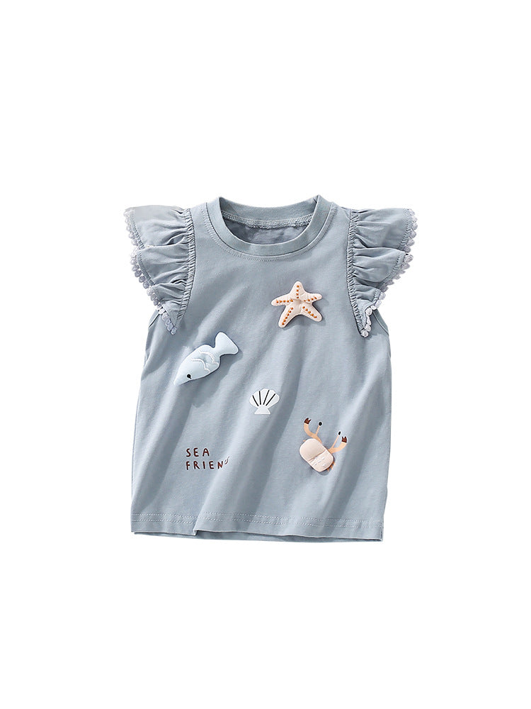Summer Girls’ Cartoon Marine Animals Pattern Fly Sleeves Top Shirt in European and American Style